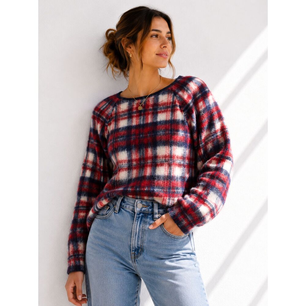 Madewell Plaid Wool Blend Sweater Womens Small Red Blue Cozy Pullover Preppy